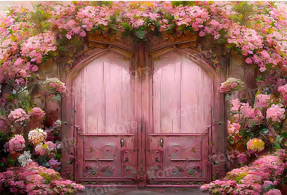 flower framed pink doors